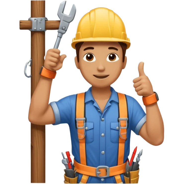 Un electricista subido en el poste de luz con todos sus implementos de seguridad haciendo like emoji