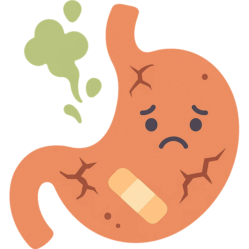 cartoon icon of a stomach character with cracks or holes, sad face, acid splashes, bandages, cute but informative medical style emoji