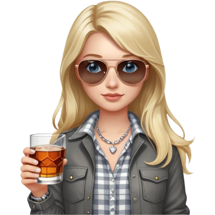 girl
blue eyes
long blond hair with daisy in it
wearing grey/white plaid shirt
wearing aviator sunglasses
wearing silver necklace around her neck
holding a glass of whiskey 
wearing rose gold apple watch  emoji