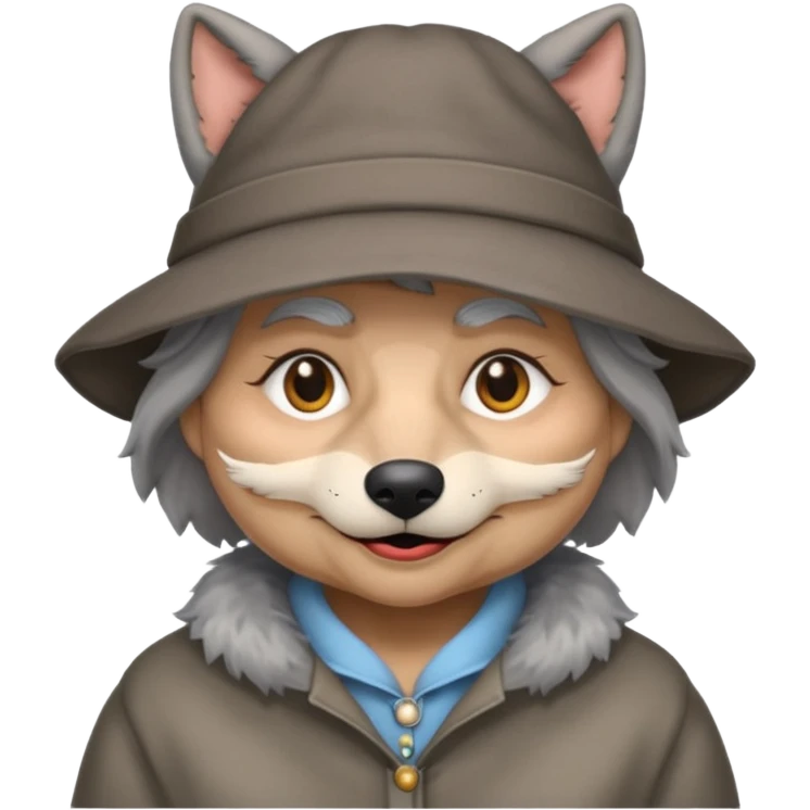 The big bad wolf is wearing Grandma's clothes and a hat, yet its face still looks like a wolf's. emoji