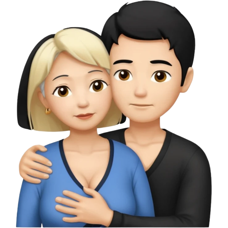 Sexy large breasted elderly asian woman in a low cut top and with black hair hugs a blonde haired boy emoji