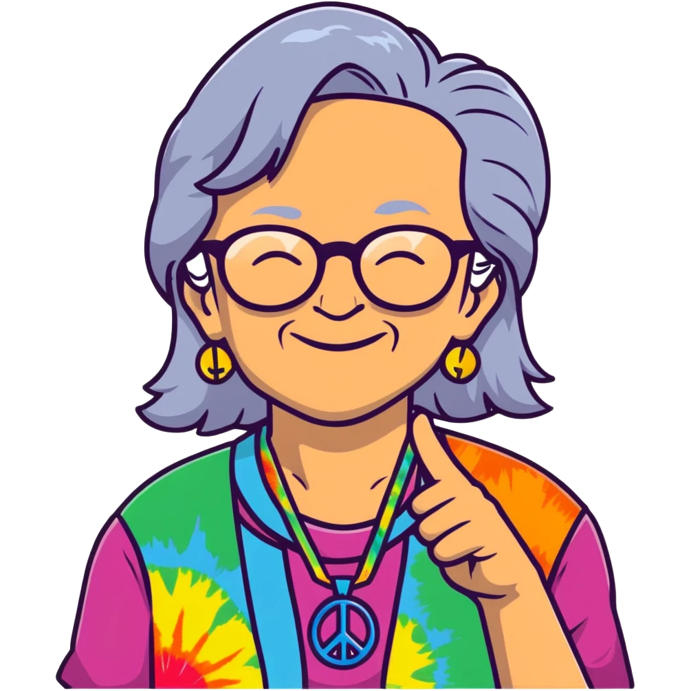 Elderly woman with long gray hair, peace sign necklace, colorful tie-dye clothing, round glasses, hippie grandma with a relaxed smile emoji