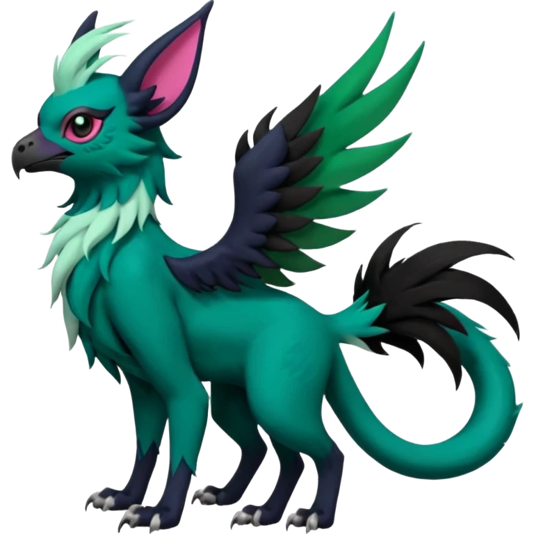 Dark-deep-Emerald-green gryphon-Trico-Nargacuga-Absol-Leafeon-Sprigatito-fusion-hybrid with a long tufted tail, black beak, pink accents, black claws, black tail, majestic, realistic, furry (full body) emoji