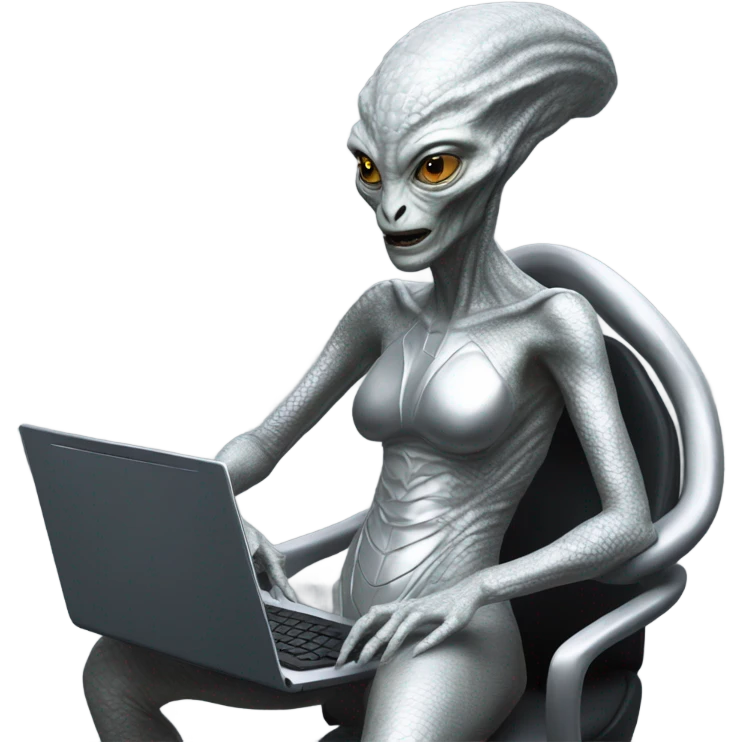 Alien reptilian womanvin silver, full figure, working at computer  emoji