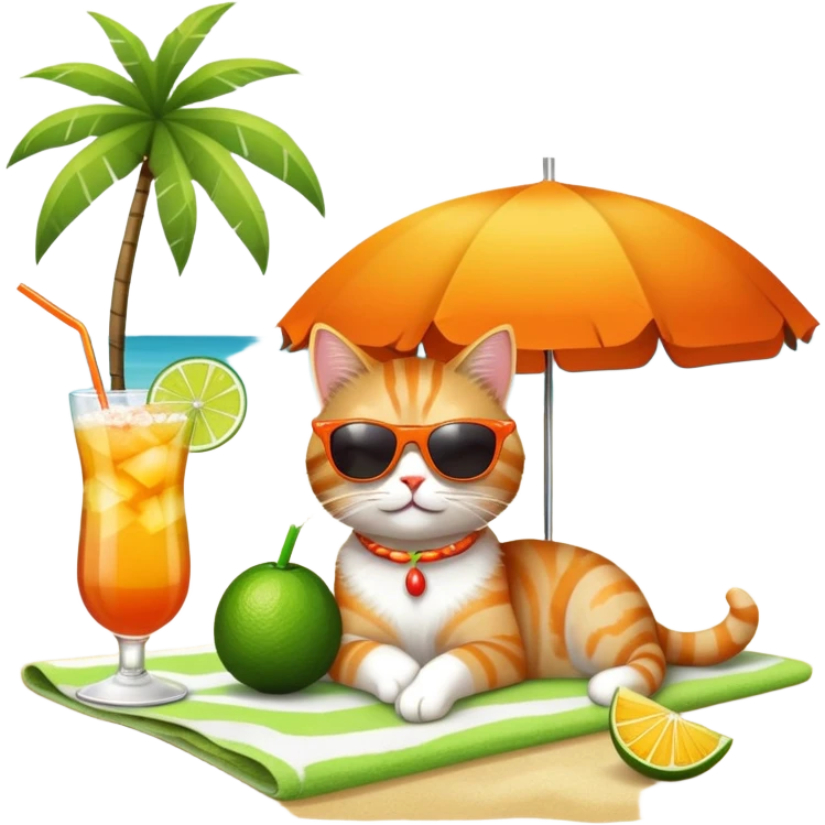 Cute cat on beach towel with a tropical mai tai drink and sunglasses emoji