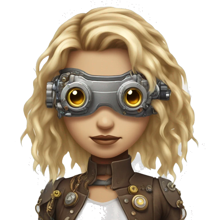 Brown long hair with blonde steaks female cyborg head, fair skin, steampunk goggles and circuits emoji