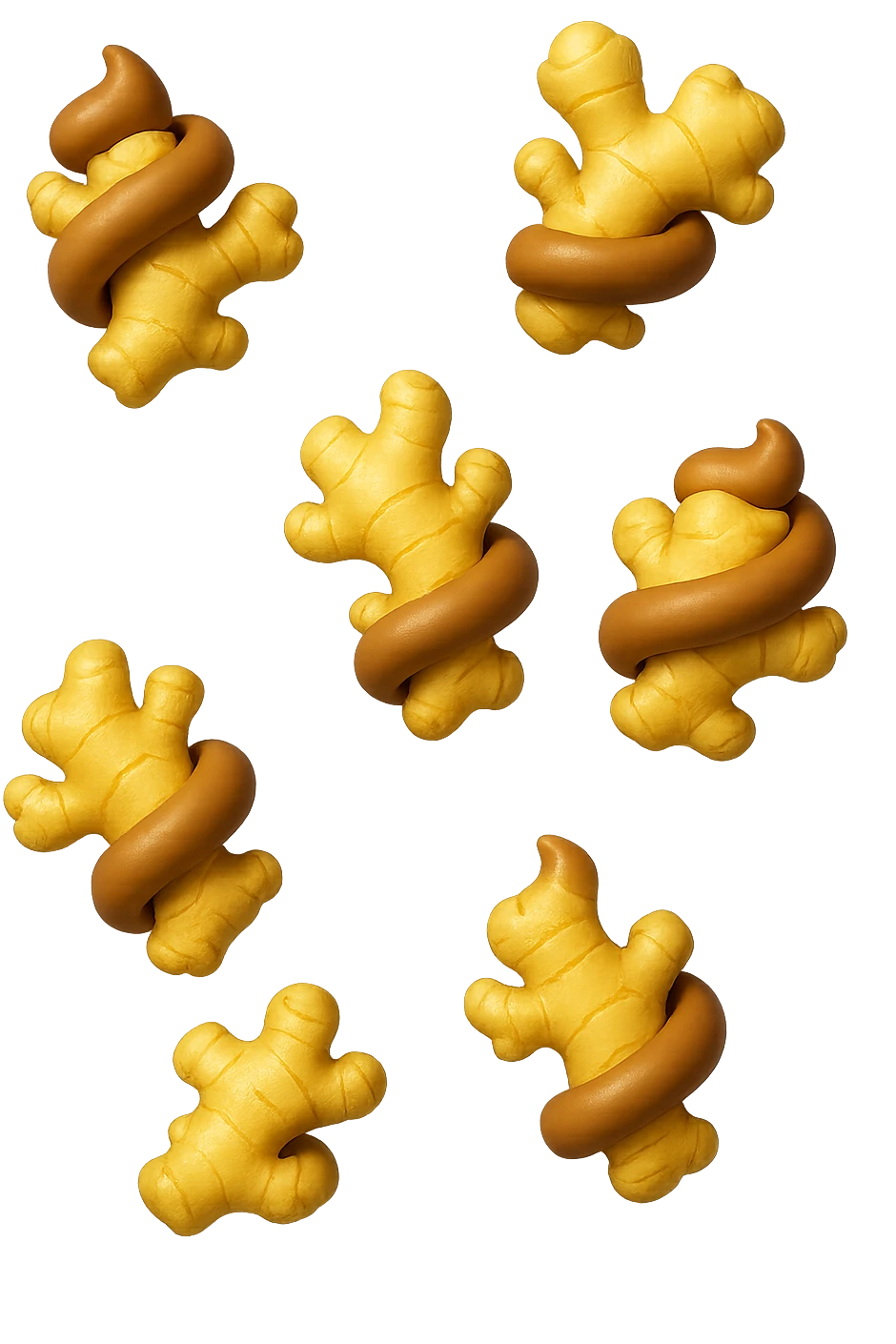 emoji stile iphone 3d di 6 piccoli pezzi di zenzero che fluttuano in aria con pezzi di colon arrotolati intorno, iperrealistico 4k emoji