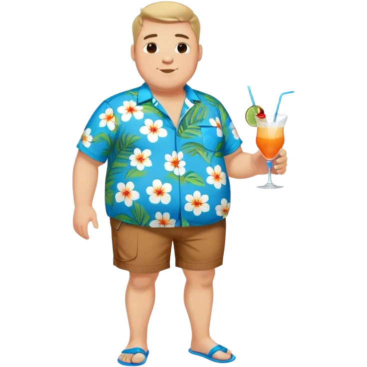 chubby guy full figure in a flowered azure havai shirt, brown shorts and flippers holding a cocktail emoji