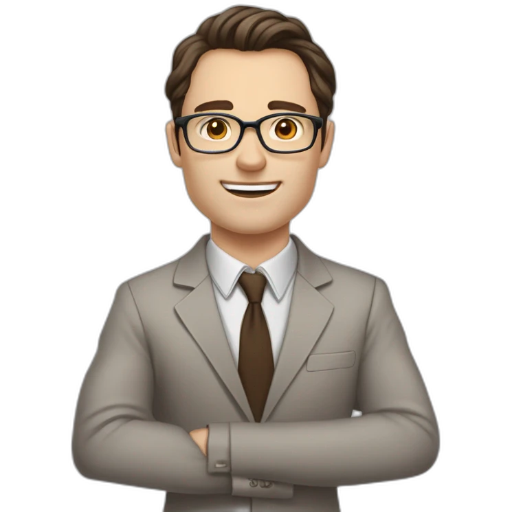 Pale skinned fit man with dark brown hair in gray jacket, beige office shirt, brown tie, brown pants and vintage glasses Writing text on the flipchart emoji