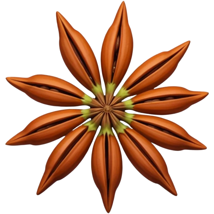 whole star anise pods, one or two, reddish-brown, eight pointed arms, perfect star, smooth and glossy, visible seeds, woody crisp, no extras, soft lighting, transparent background, emoji scale emoji