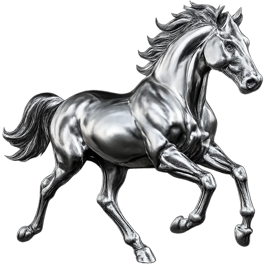 silver metal chrome spirit horse running, highly reflective emoji