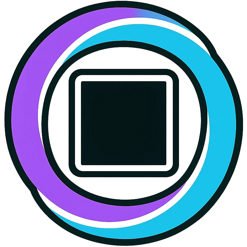 square stop symbol with dark black hole center, swirling bright purple and blue border, white neon glow emoji