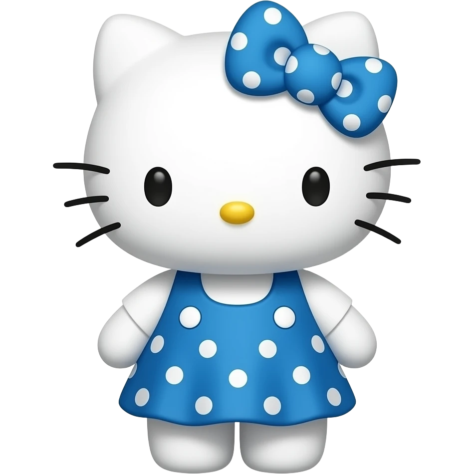 hello kitty wearing blue with white polka dots skirt and a white shirt with a blue with white polka dots bow emoji