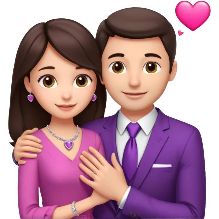 Brunette girl, with an engagement ring on her finger hugging a handsome man, (her boyfriend) both of them happy, she’s wearing a pink dress, he is wearing a suit, he’s also a rich businessman, and there is the 💜 purple heart emoji on top. They look in love with each other emoji