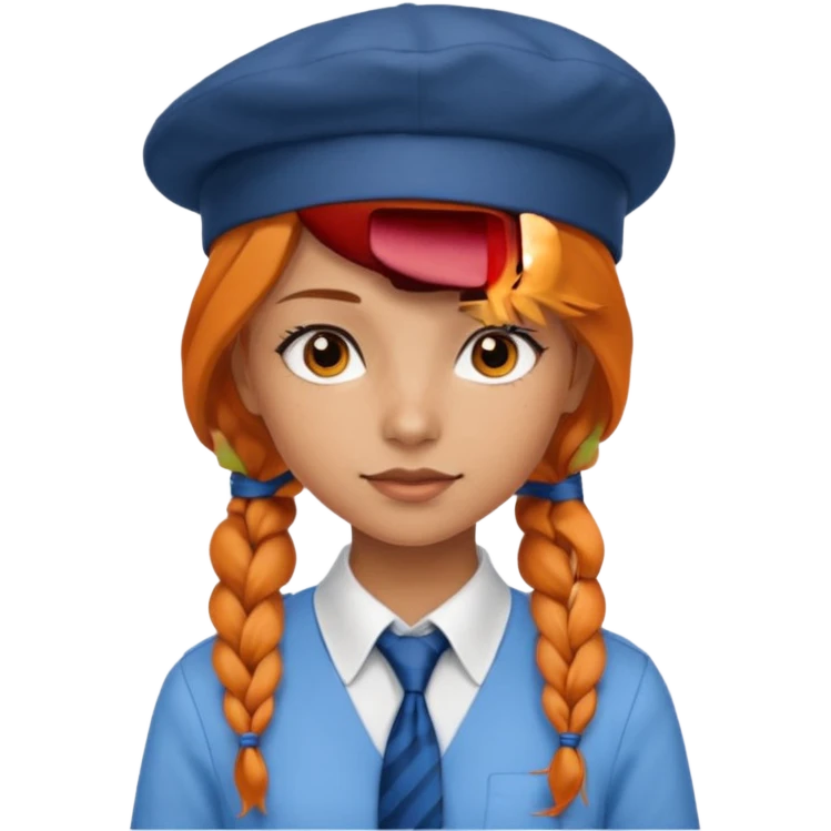 orange braided hair girl, wearing white shir, a brown berret Hat, Blue Necktie emoji