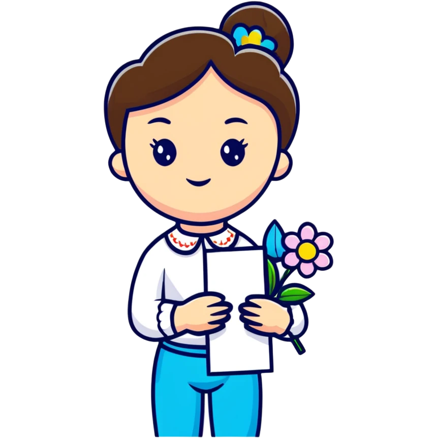 Ukrainian young girl in white embroidered shirt holding colored paper and a flower emoji
