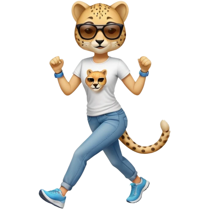 friendly anthropomorphised female cheetah in jeans and t-shirt, wearing dark sunglasses, jogging upright in relaxed pose emoji