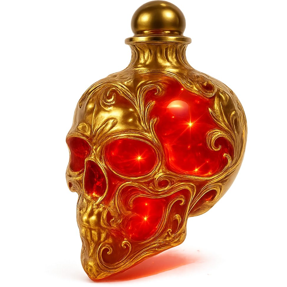 Make the neck of the skull-shaped elixir bottle very small and barely visible but still golden. Keep the red color with lots of glow, sharp edges, light refractions, golden details, ornaments, magical effects, and a transparent background. The bottom should merge beautifully and the bottle should clearly hang in the air, giving a premium, luxurious, magical crystal bottle collection impression. emoji