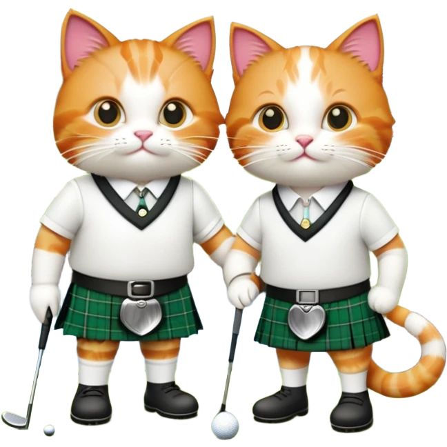 two cats in love playing golf in Scotland, wearing kilts, with a famous Scottish landmark in the background emoji