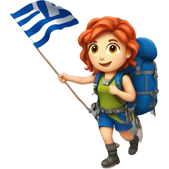Greek flag background Female mountain climber red hair climbing with Greek flag on backpack and holding Easter eggs basket emoji