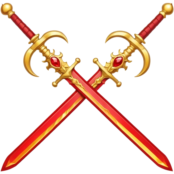 Two crossed swords that are golden in blade and handle and have fiery and royal appearence to them as well as red gem stones emoji