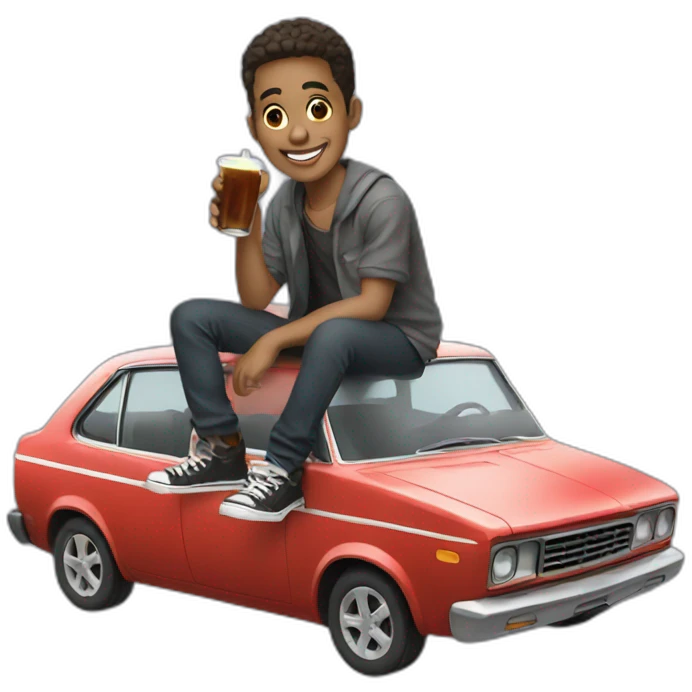 Young men, sit on a car, drinks cola emoji