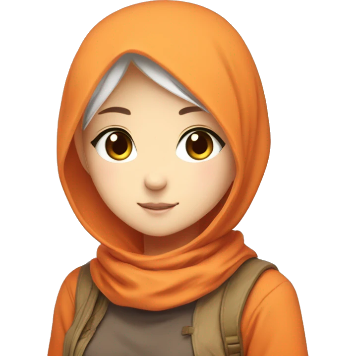 anime girl hijab sweet white skinned peanime female adventurer in orange sweater right angle hand emoji