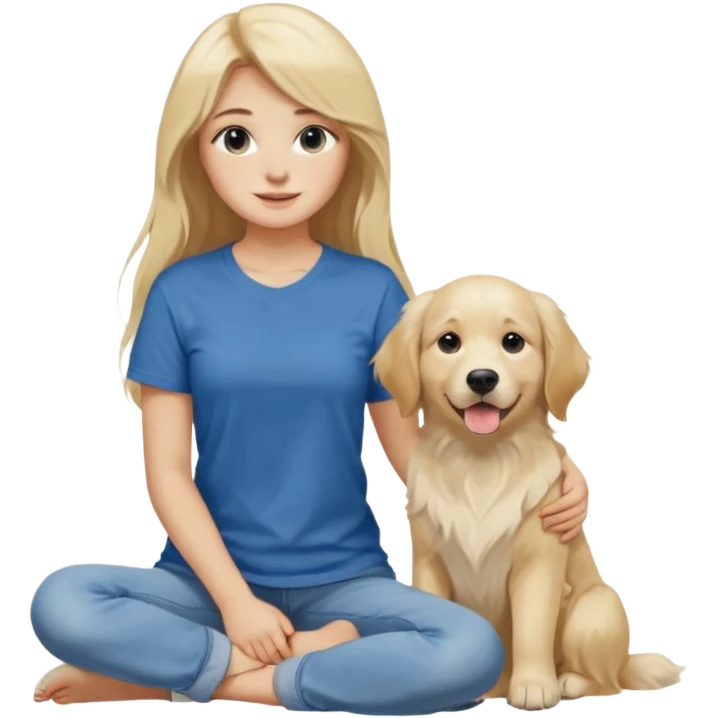 20-year-old dirty blonde woman with long hair and dark blue eyes, sitting beside an English cream golden retriever, relaxed and happy mood emoji