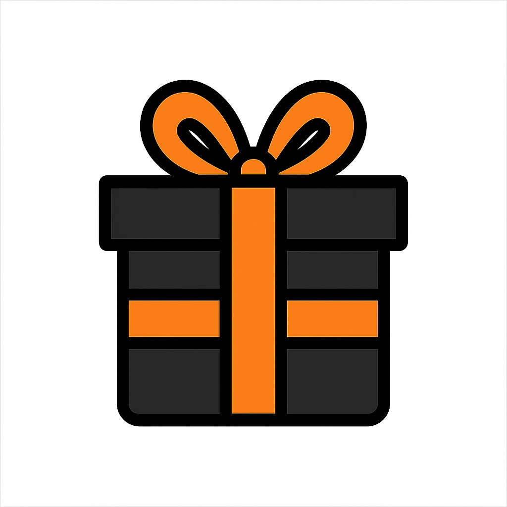 black gift box wrapped with an orange ribbon, simple, clear, icon-like emoji