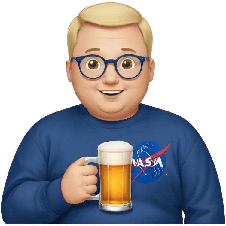 happy chubby man, drinks a beer,  blond short and hight receding hairline, wearing a dark blue sweatshirt, nasa logo on the sweatshirt, round glasses without frame, 40 years old emoji