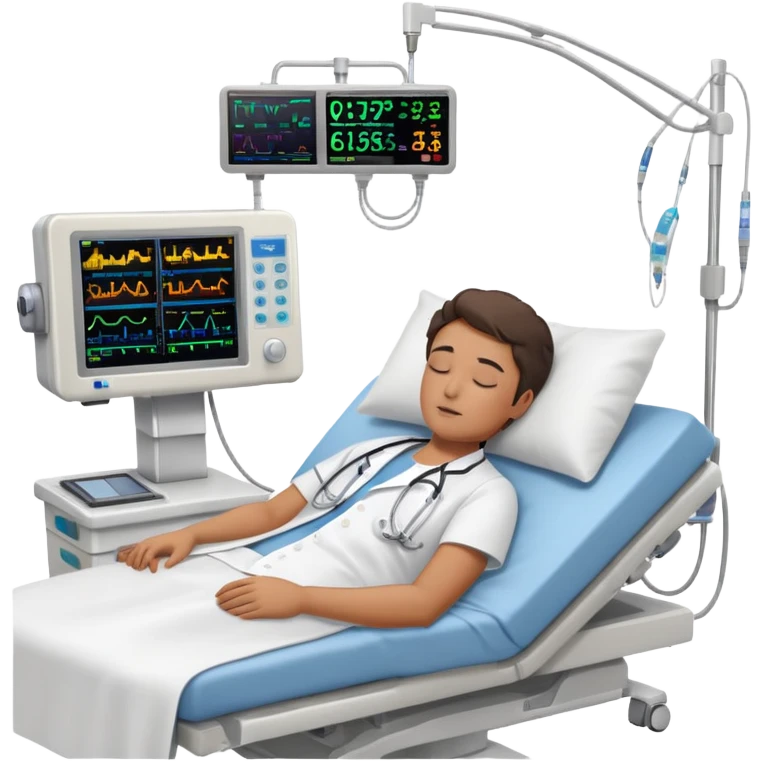 Hospital room with sleep study setup, hospital bed with sleeping patient, doctor in white coat, EEG machine, brain wave monitors, and hospital equipment emoji