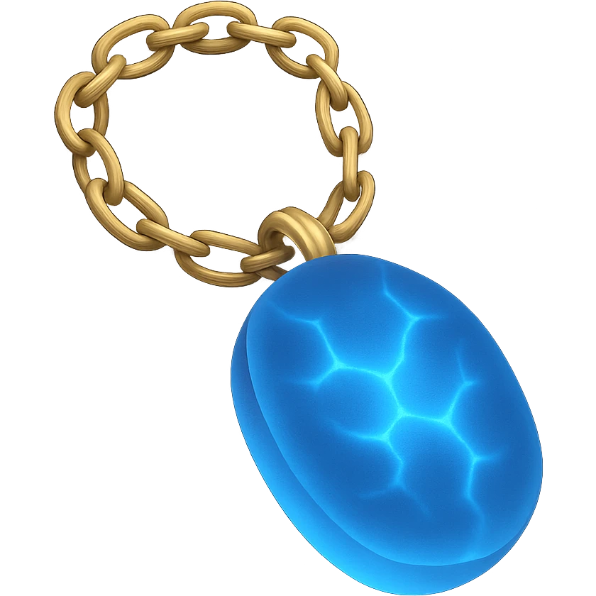 minimalist floating gold chain with a deep blue stone, glowing veins, ethereal and magical emoji