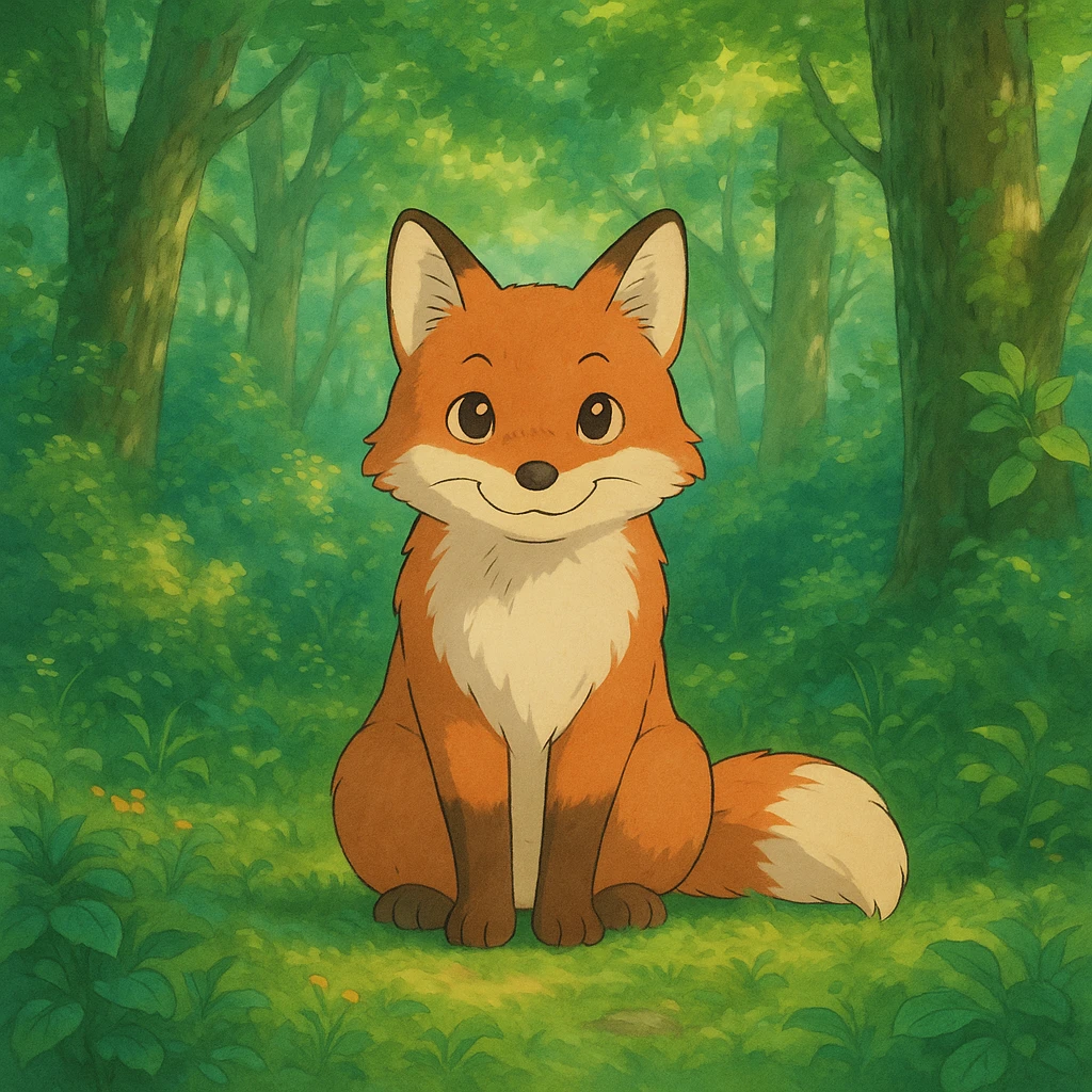 a friendly fox sitting in a lush forest, ghibli style emoji