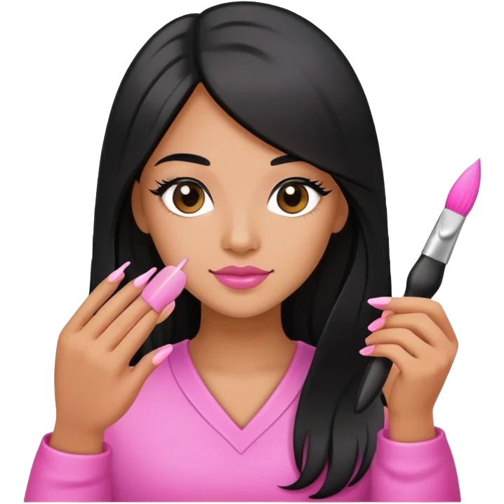 Pink Nail Tech with black long hair holding small acrylic brush emoji