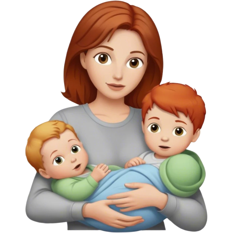 A mother with brown hair holds a red-haired baby and a blond boy  emoji