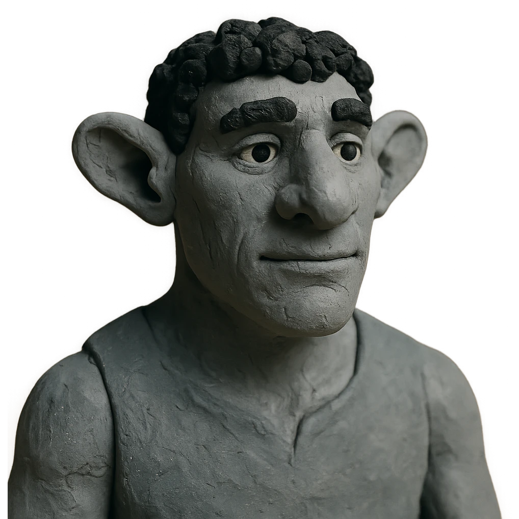 firbolg from DnD with gray skin, black curly hair, clean-shaven face, no beard in claymation style emoji