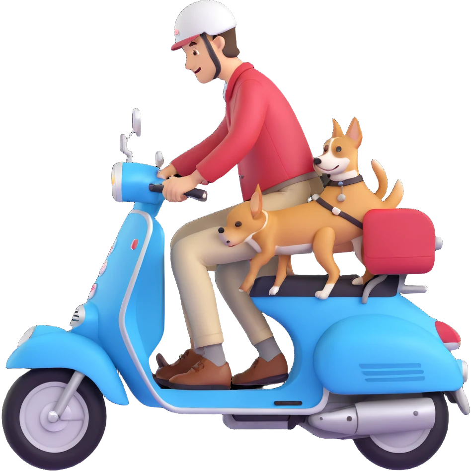 man and his pet dog riding a vespa emoji