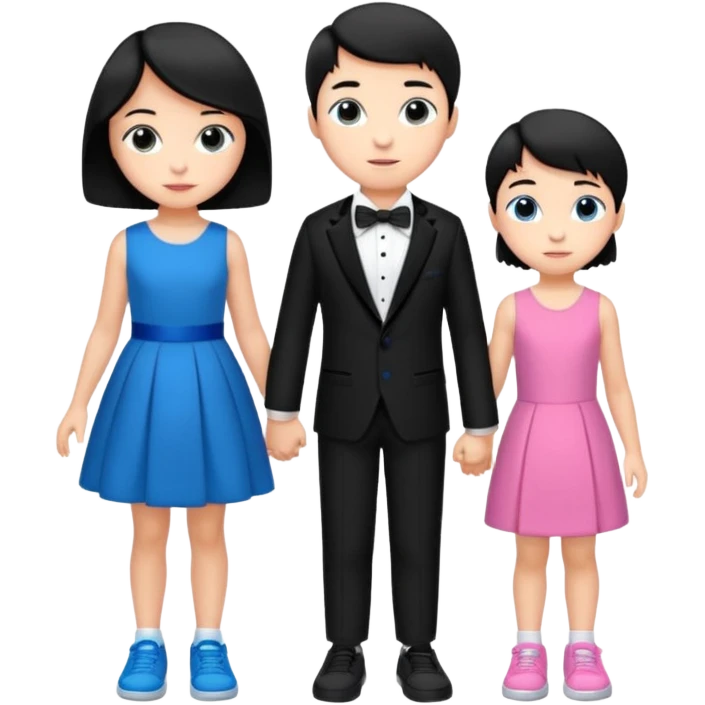 generate a pretty bratz fair skinned boy with short black hair wearing a black tux with blue sneakers .with a girl in a pink dress emoji