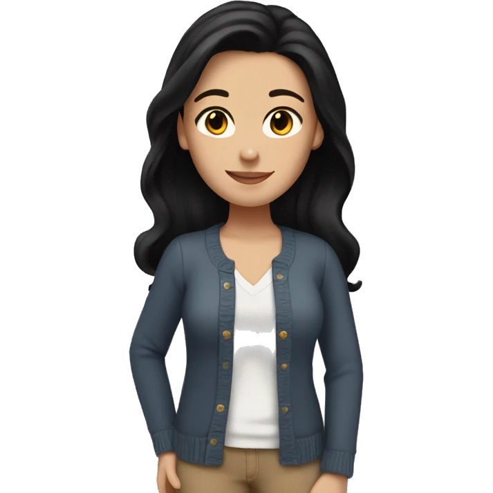 White girl with shoulder length black hair, no bangs, wearing a cardigan and jeans. emoji