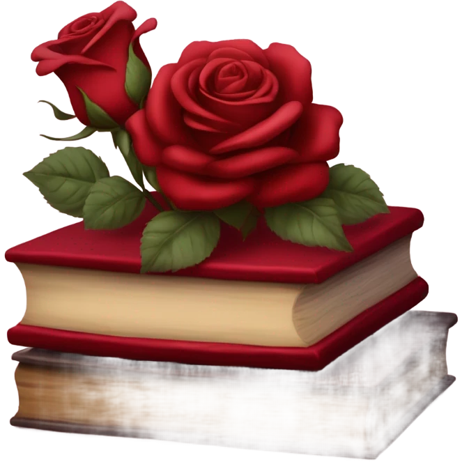 A red stack of books with a maroon bouquet of vintage-style roses and a silk ribbon emoji