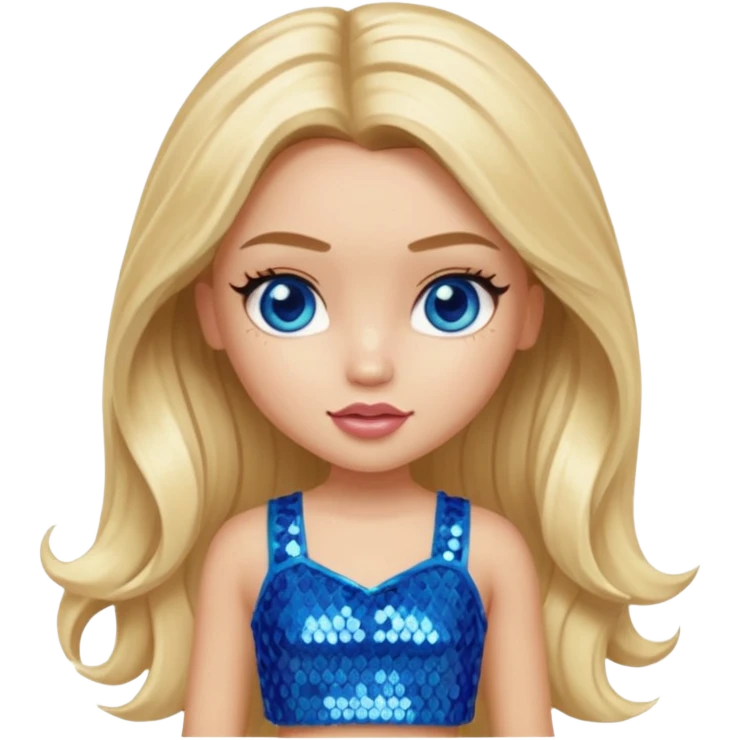 Cloe from Bratz with long light blonde hair, light skin, blue eyes, blue sequin crop top emoji