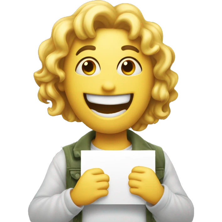 smile emoji holding a sign that says “haha please help me”  emoji
