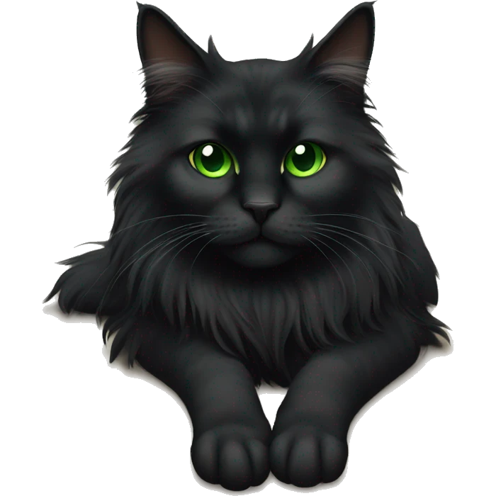 Black extra furry long haired cat fully body laying down with green eyes emoji