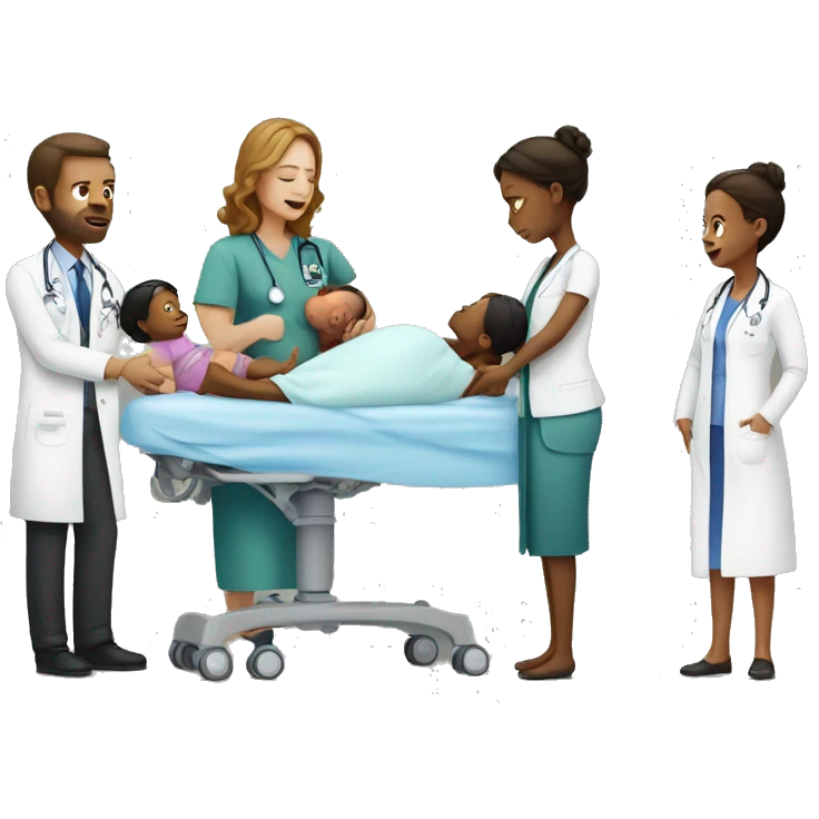 a woman gives birth and doctors stand nearby emoji