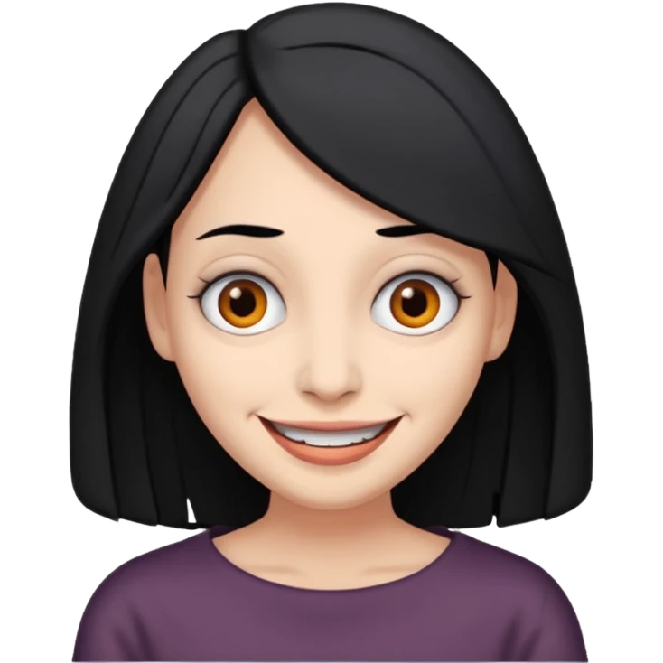 woman with gray skin and black hair and a creepy face with white eyes and a droopy smile emoji