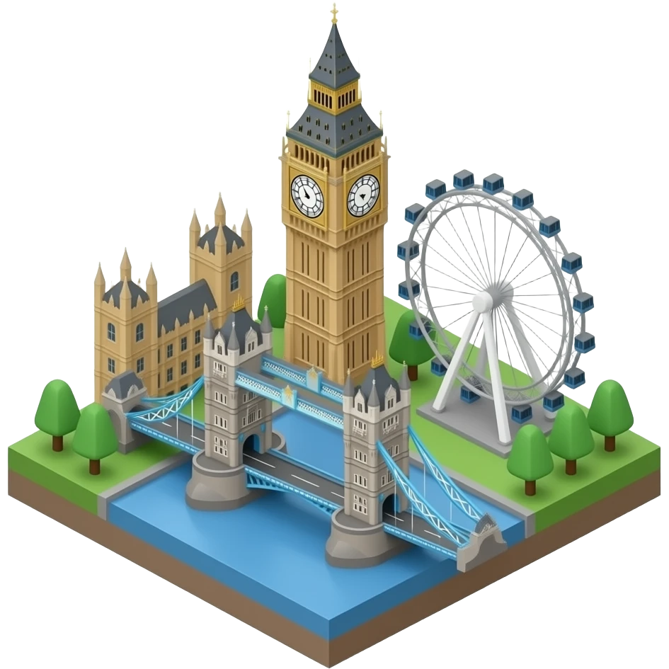 3D isometric miniature emoji of Big Ben with iconic London landmarks, including Tower Bridge and the London Eye, cute chibi style, glossy vibrant colors, soft lighting, compact diorama, minimal background emoji