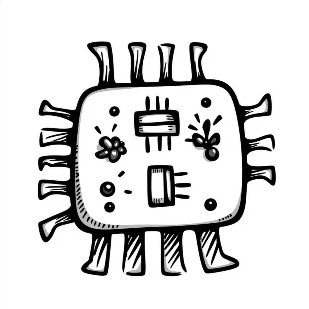 hand-drawn doodle style electronic integrated circuit (IC), sketchy lines, minimal detail emoji
