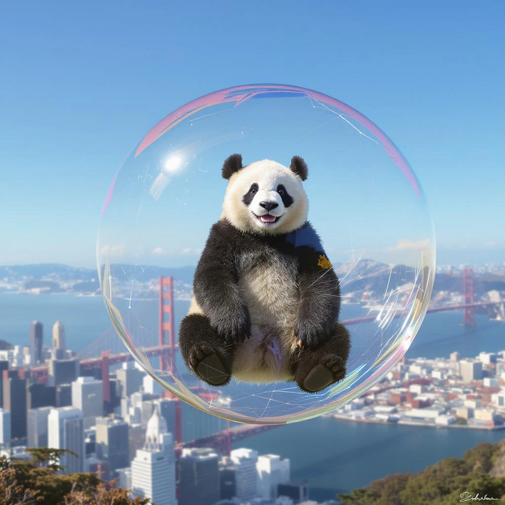 panda bear sitting in bubble flying around San Francisco downtown, sunny summer day, happy vibe emoji