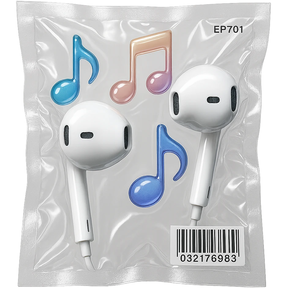 pair of white EarPods with three floating glass music notes in soft gradient colors, glossy and inflated emoji