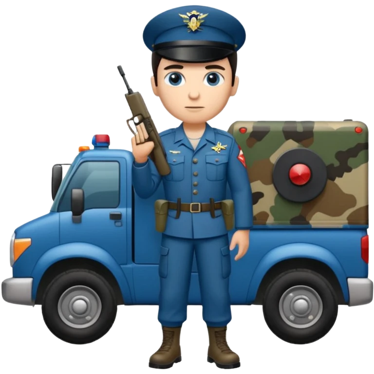 Full body of a dark haired blue eyed army man with radar truck weapon and wearing camo uniform  emoji